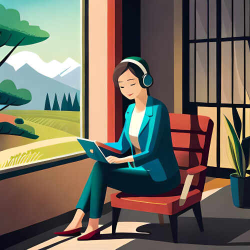 woman listening on headphones, clipart, sitting in a chair